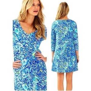 Lilly Pulitzer Erin Blue Crush After Party V-Neck 3/4 Sleeve Dress XS 25992 GG11